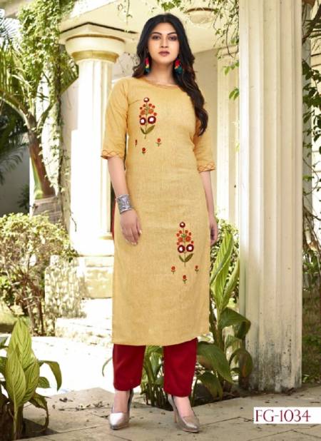 Yellow Designer FG Krisha Vol-11 Launch Latest Pure Cotton With Embroidery Hand Work Ready Made Top and Pant 1034 Catalog